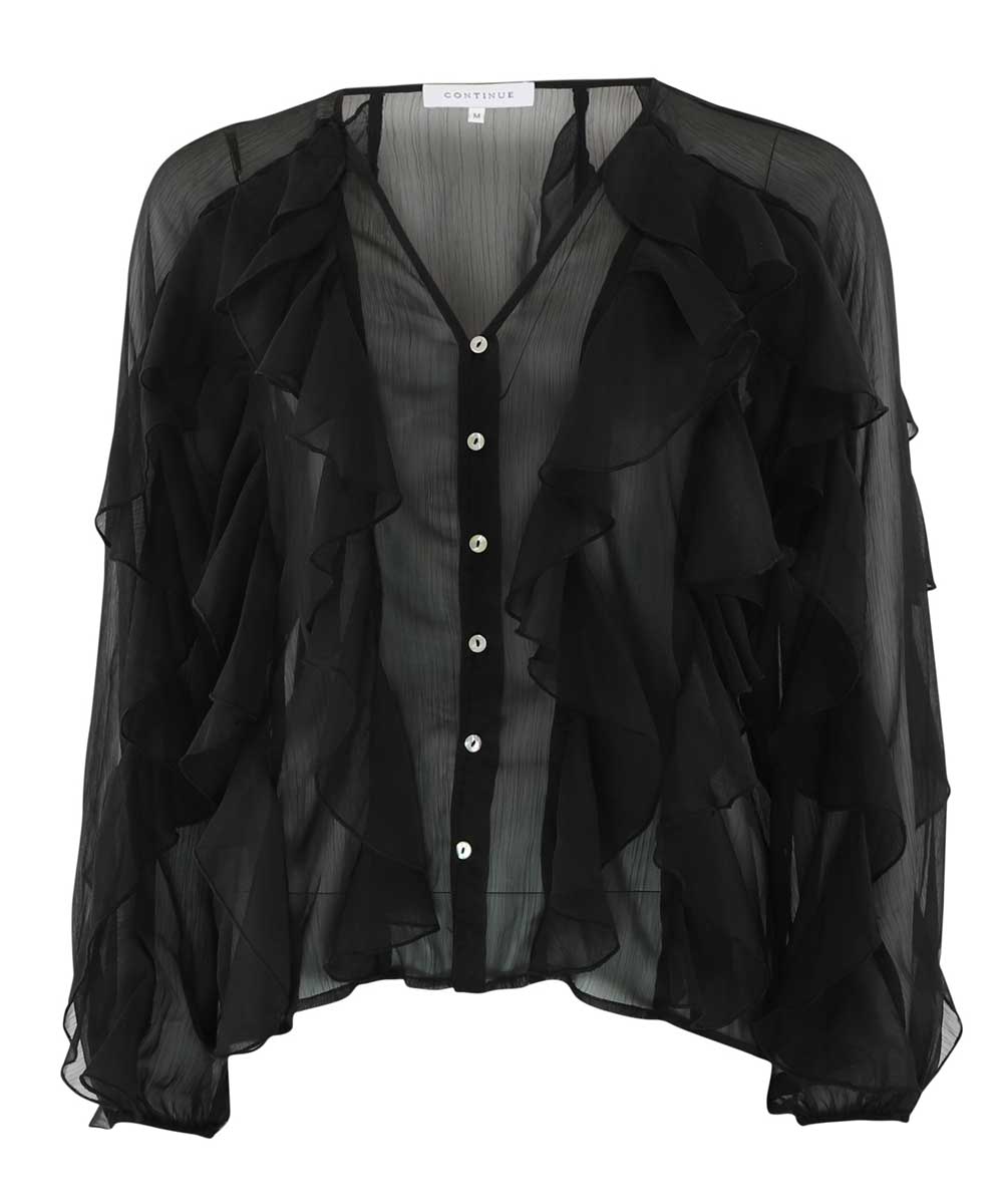 svart blus med volanger