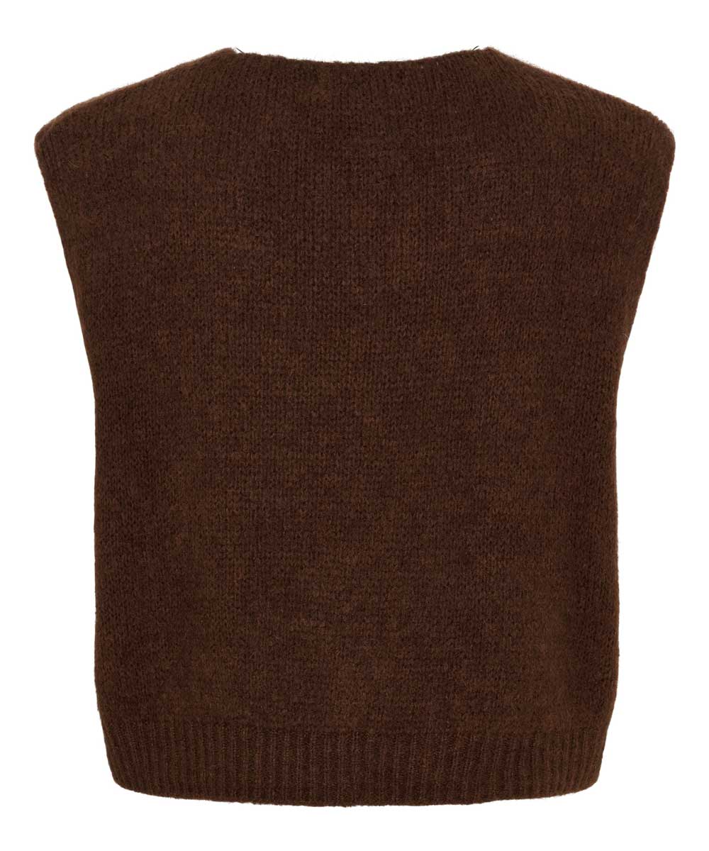 brun stickad väst baksida