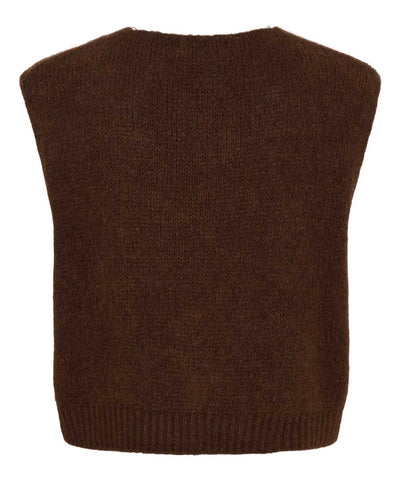 brun stickad väst baksida