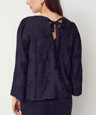 modell i svart blus baksida