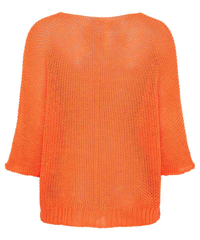 orange hålstickad tröja baksida