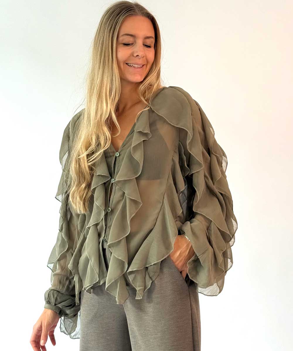 Modell i khakigrön blus