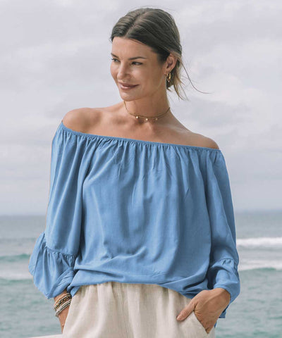 Blå offshoulder blus