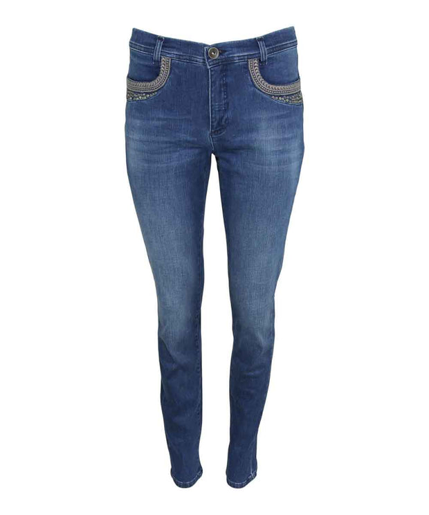 Blåa jeans med detaljer vid fickorna